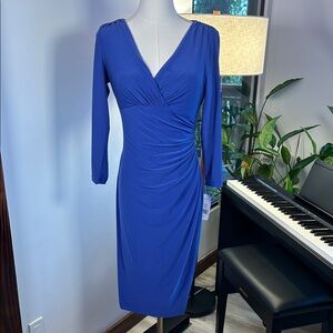 Lauren Ralph Lauren Periwinkle V-Neck Wrap-Style Bust Ruched 3/4 Sleeve Dress